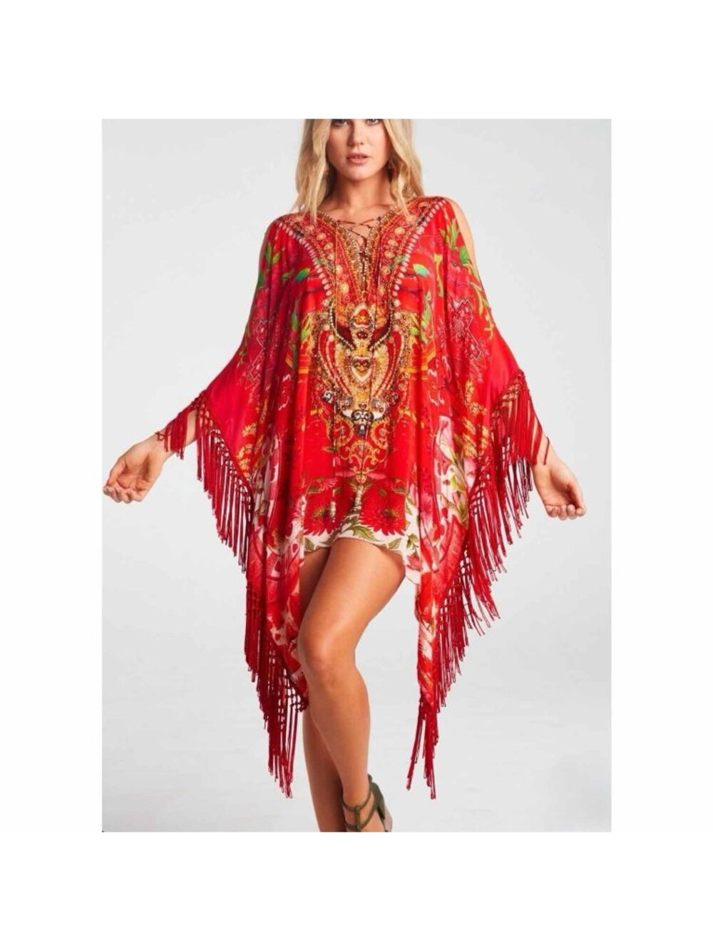 Czarina "More Than Ever” Silk Short Kaftan Top Embellishments & Fringe Trim O/S